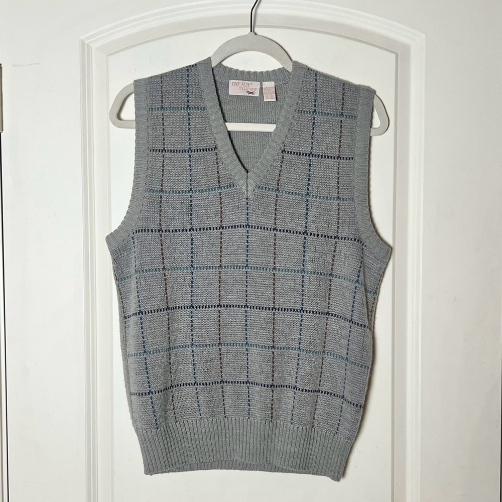 Vintage The Fox Collection Gray Grid Plaid Wool Blend V-Neck Sweater Vest Large